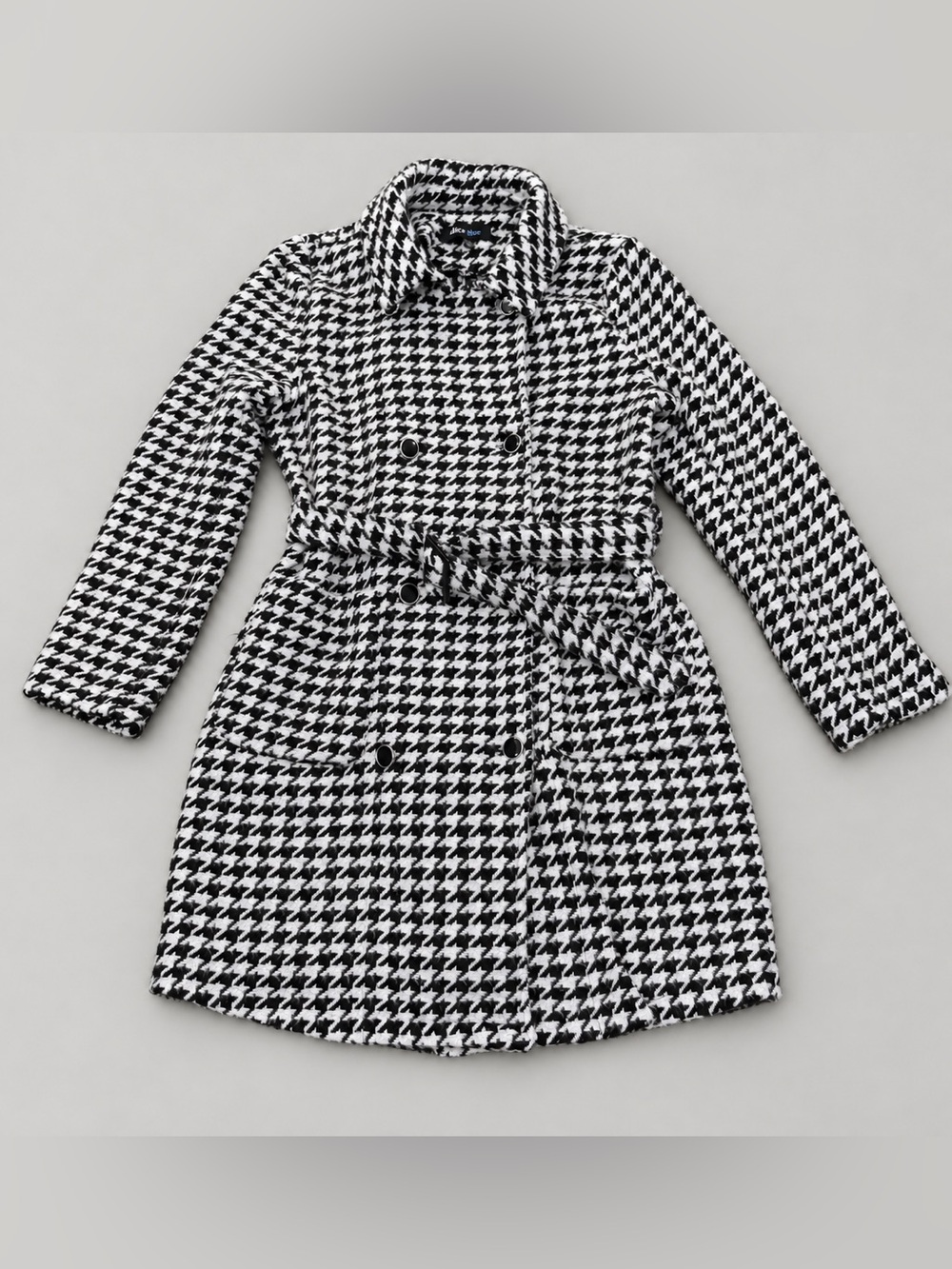 Alice Blue Black and White Houndstooth Belted Pea Coat